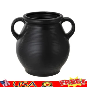 Ribbed Ceramic Matte Black Vase Antique-Inspired Home Décor with Handles