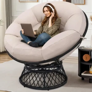 44" Giant Oversized Rattan Papasan Chair with Cushion and Frame, Fluid 360° Swivel, Waterproof, Black Frame