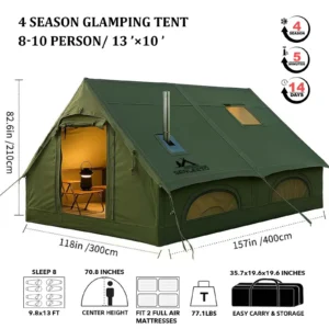 13‘x10' Army Green Inflatable Tent for Camping,4 Season Waterproof Oxford Fabric Blow up Tent with Chimney Opening, AC Vent