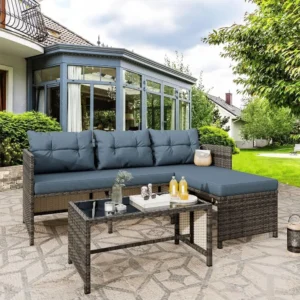 All-Weather Wicker Patio Furniture Set, Blue Outdoor Sofa Sectional with Cushions and Glass Table